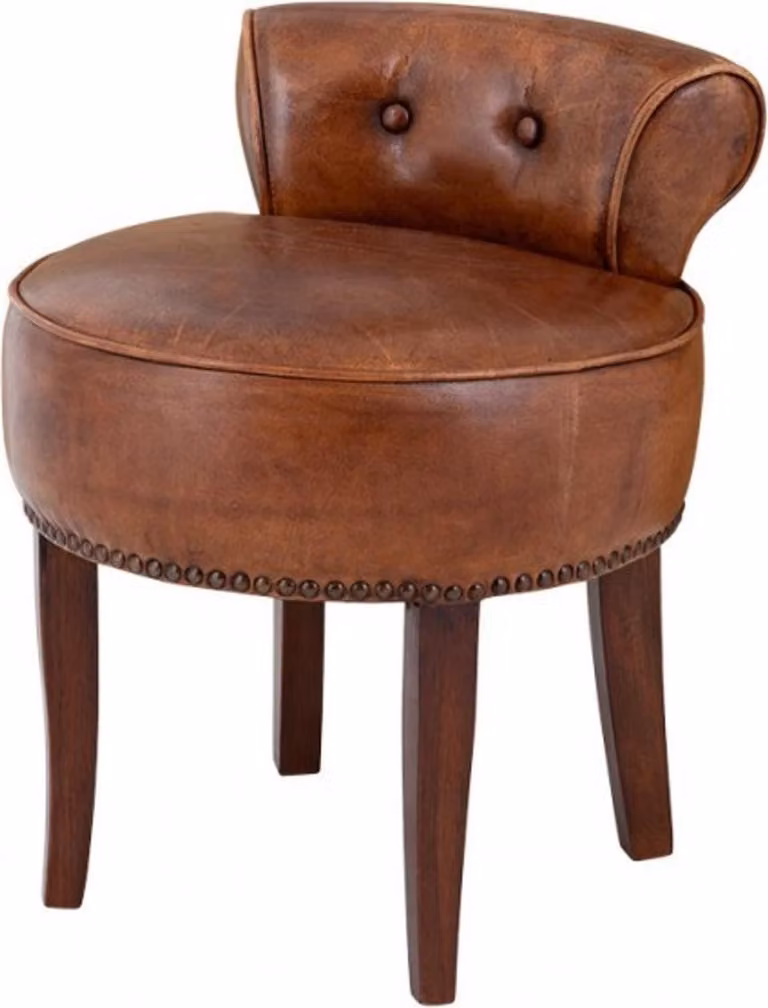 Pouf/sgabello da design Casa Padrino, realizzato in legno di quercia massello e vera pelle marrone, dimensioni 48 x 46 x 56 cm