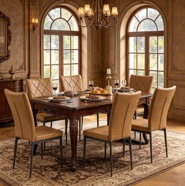 Set di 4 sedie da pranzo marroni in similpelle e metallo, schienale alto