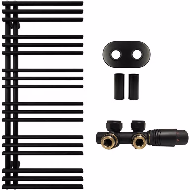 Kit radiatore per bagno Burke - riscaldamento centralizzato - attacco asimmetrico da 50 mm - 562W - colore nero opaco - dimensioni 1200x500 mm