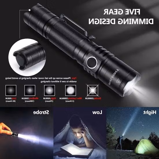 Lampada Tattica LED Ricaricabile - Lampada Portatile 2000 Lumen 5 Modalità di Illuminazione IPX7 Impermeabile - Lampada Militare con Batteria 4800mAh 21700