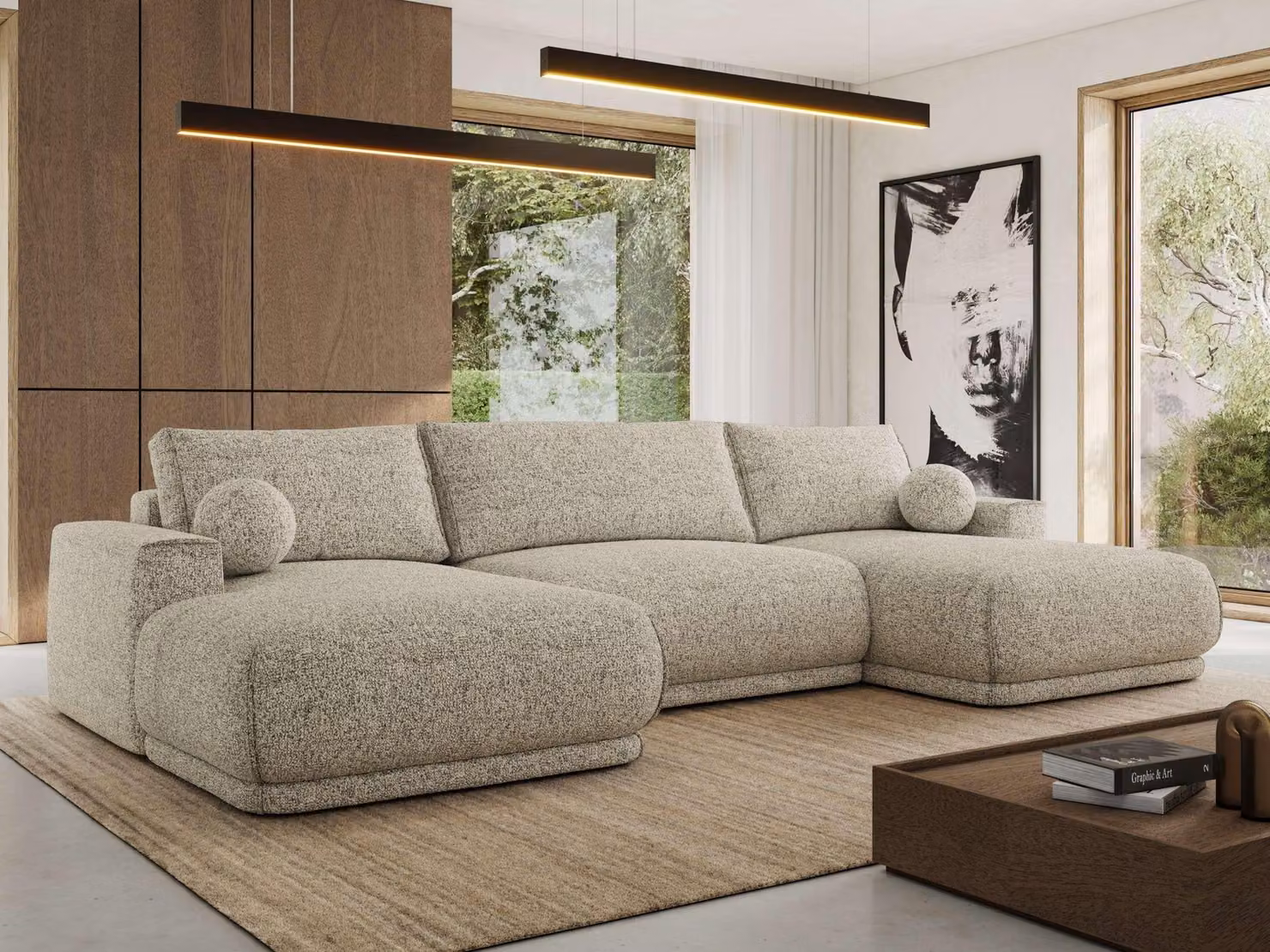 MKS MEBLE Divano ad angolo XXL RINA, divano componibile a forma di U con funzione letto e molle ondulate, funzione letto a scomparsa - Beige Strutturato
