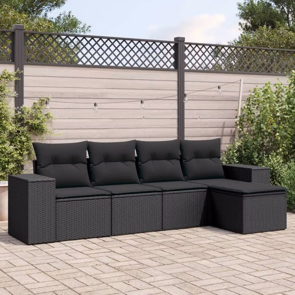 Set Divani da Giardino a L vidaXL 5 Pezzi con Cuscini in Polyrattan e Acciaio Nero – 1