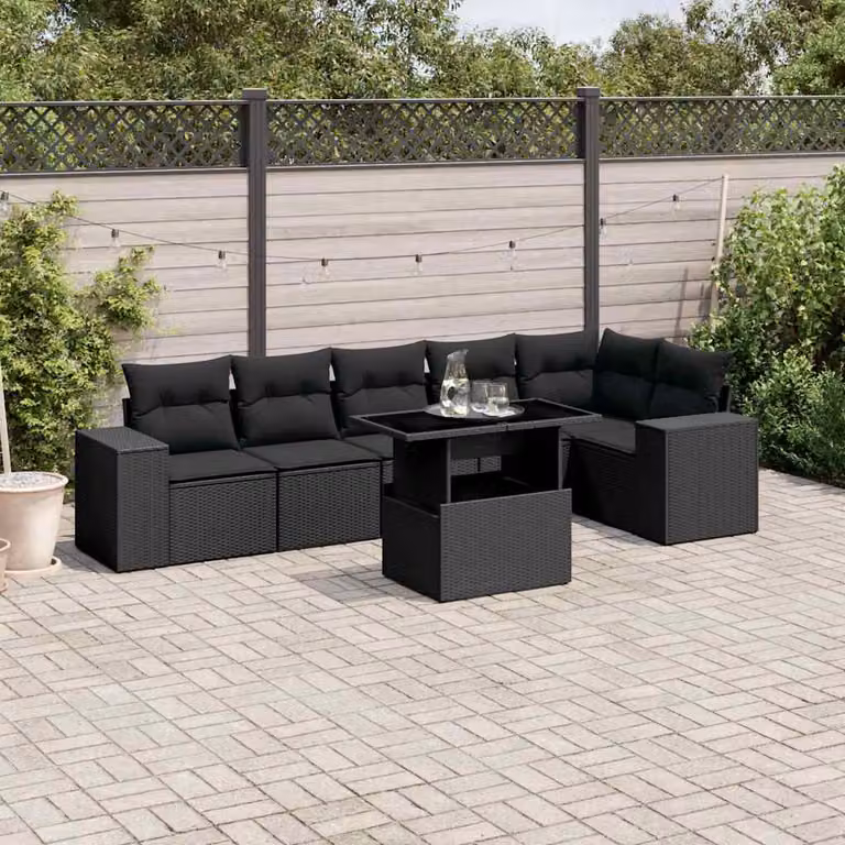 Set di Divani da Giardino a L vidaXL in Polyrattan Nero con 7 Cuscini e Tavolino