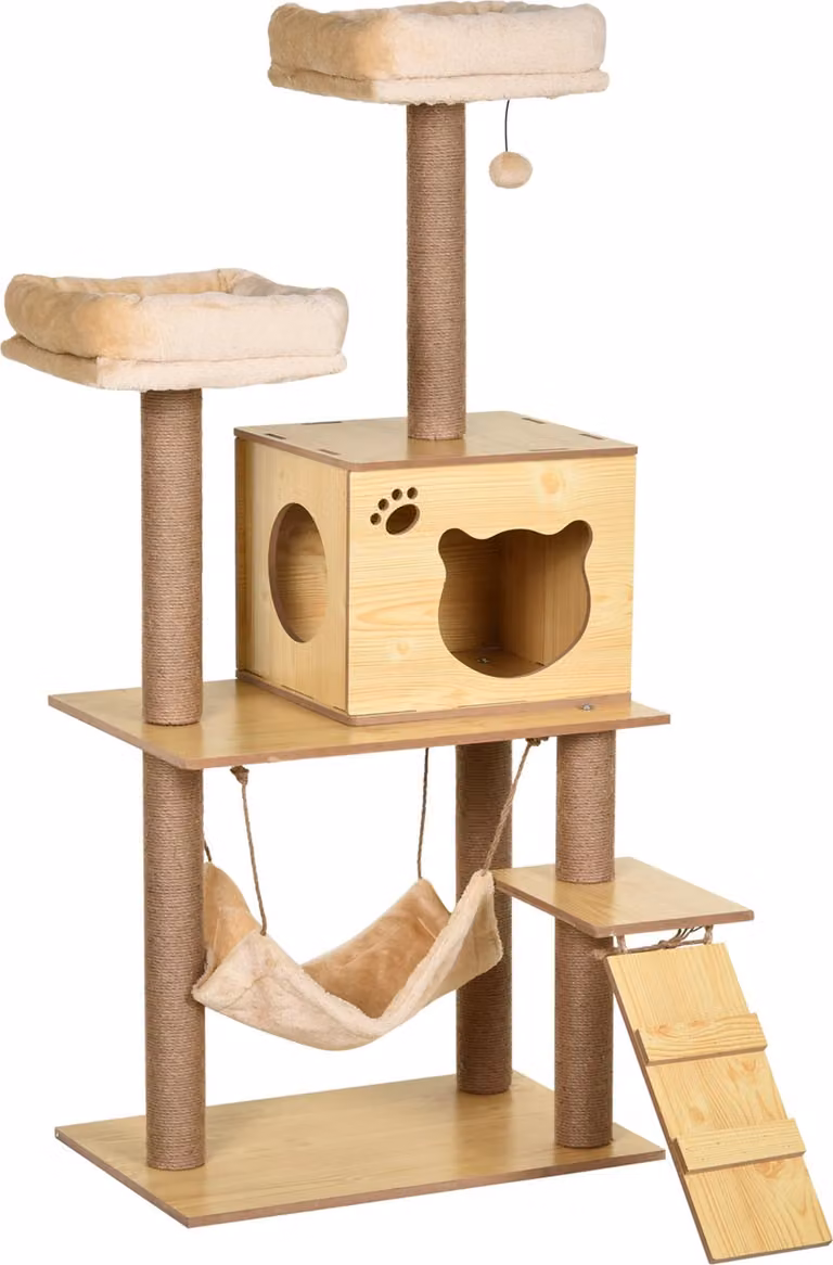 PawHut Albero per gatti design contemporaneo tiragraffi in sisal naturale piattaforme di nicchia amaca palla in truciolato beige