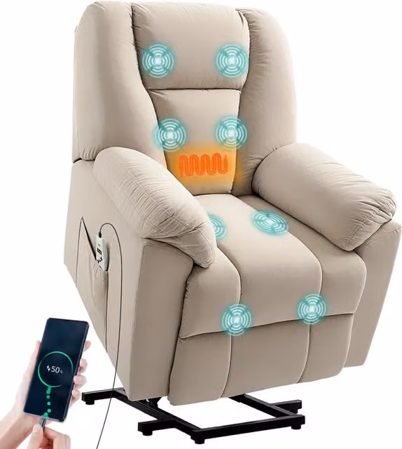Poltrona Massaggiante Elettrica Reclinabile con Riscaldamento e USB ¨C Zephmum ¨C Beige
