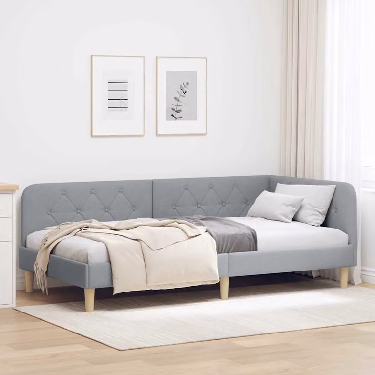 Cornice del letto ad angolo vidaXL in tessuto grigio con struttura in legno e doghe rigide, L/P/H: 200 x 100 x 35 cm