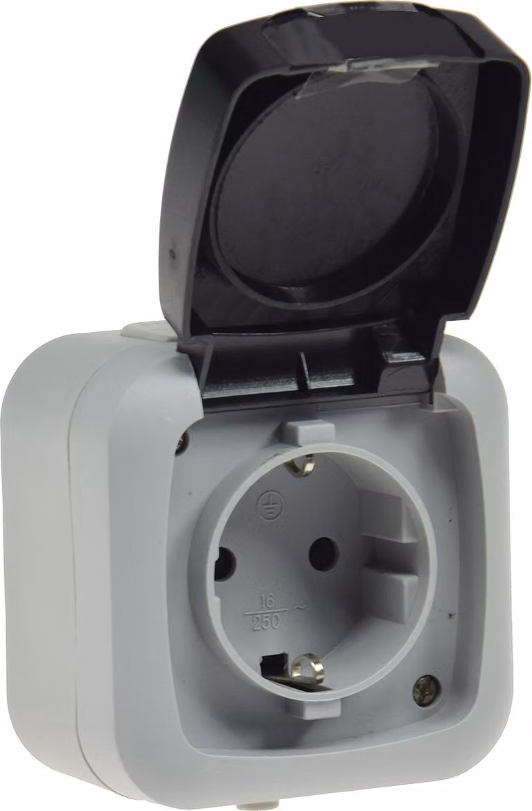 Presa di corrente ChiliTec a prova di umidità, IP44 250V AC/ 16A, incl. telaio per montaggio a parete, grigio