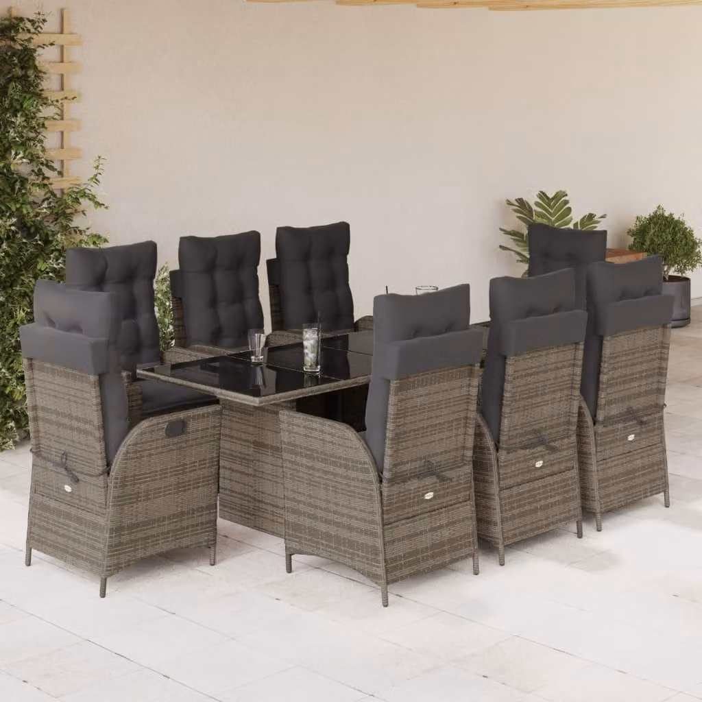 Set da pranzo da giardino vidaXL in polyrattan grigio con cuscini e piano in vetro, 9 pezzi – 1