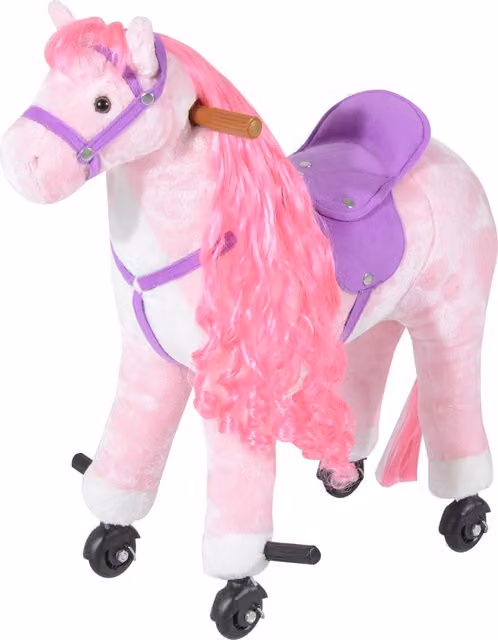 Cavallo a dondolo HOMCOM rosa per bambini con 4 rotelle, suoni realistici e poggiapiedi, L 65 cm x P 28 cm x H 75 cm