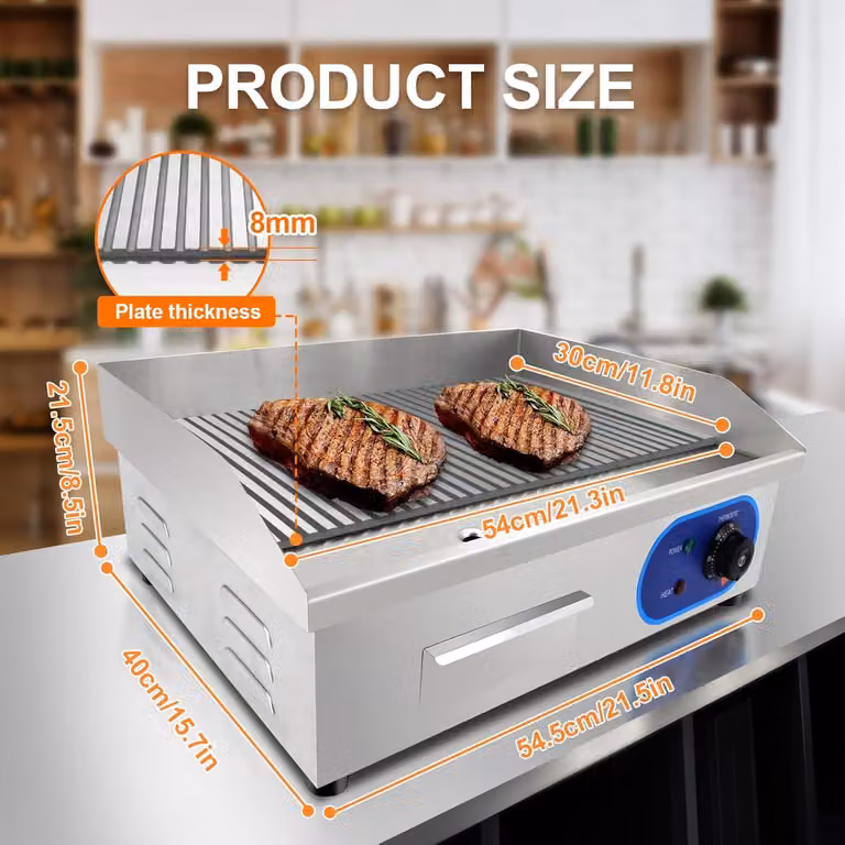 Piastra grill elettrica, 3000 W, per uso professionale, piastra grill scanalata, piastra riscaldante, griglia elettrica, griglia da tavolo, superficie a coste, barbecue
