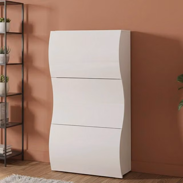 Scarpiera Borea, Made in Italy, Mobile Portascarpe da ingresso, a 3 ante a ribalta, cm 71x27h122, Bianco lucido