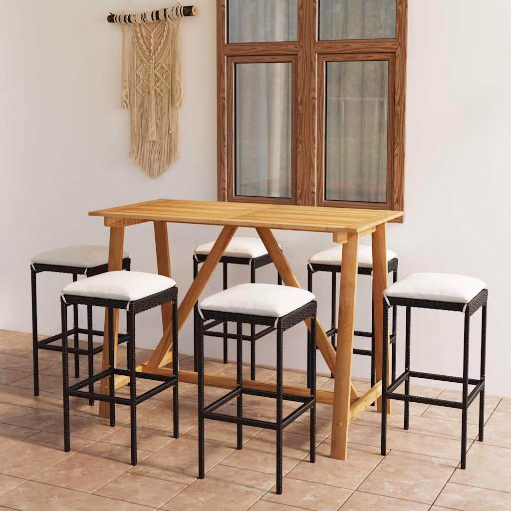 Set da Bar da Giardino vidaXL in Legno di Acacia e Polyrattan con Cuscini, 7 Pezzi, Nero/Beige/Marrone – 1