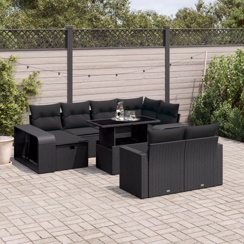 vidaXL Set Divani da Giardino 11 pz a Forma a L in Polyrattan Nero con Cuscini Imbottiti e Tavolino – 1