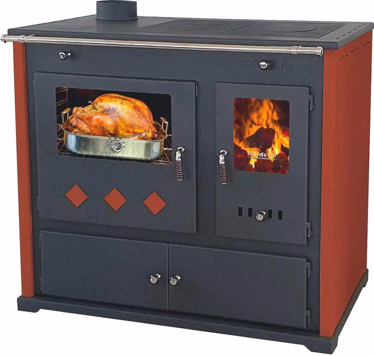 Cucina a legna Praktik Lux Eco con piano cottura e forno in ghisa - potenza nominale 9,5 kW - pannelli laterali rossi - classe di efficienza energetica A+