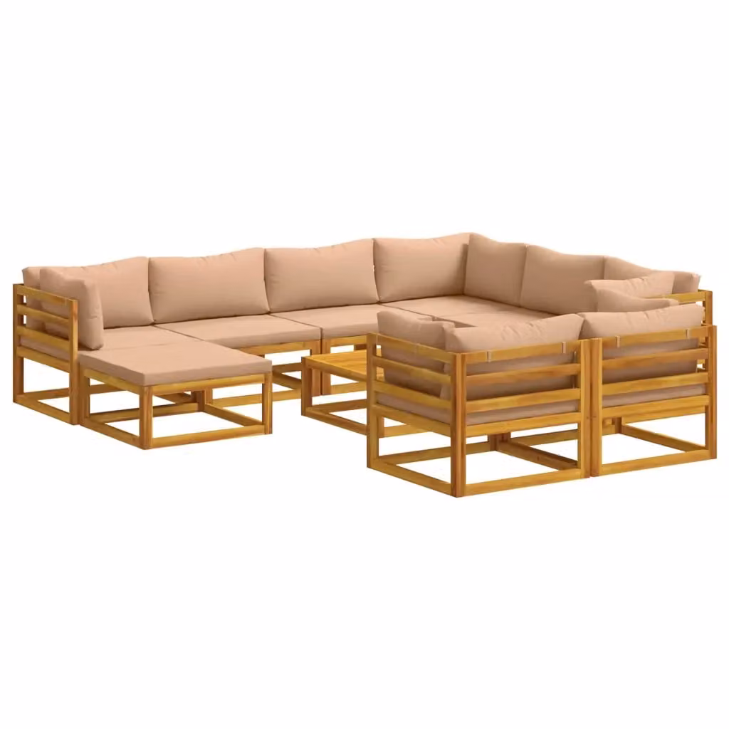 Set di divani da esterno vidaXL in legno di acacia massello con cuscini beige e marrone, composizione a L con elemento angolare, pouf e tavolino da caffè – 2