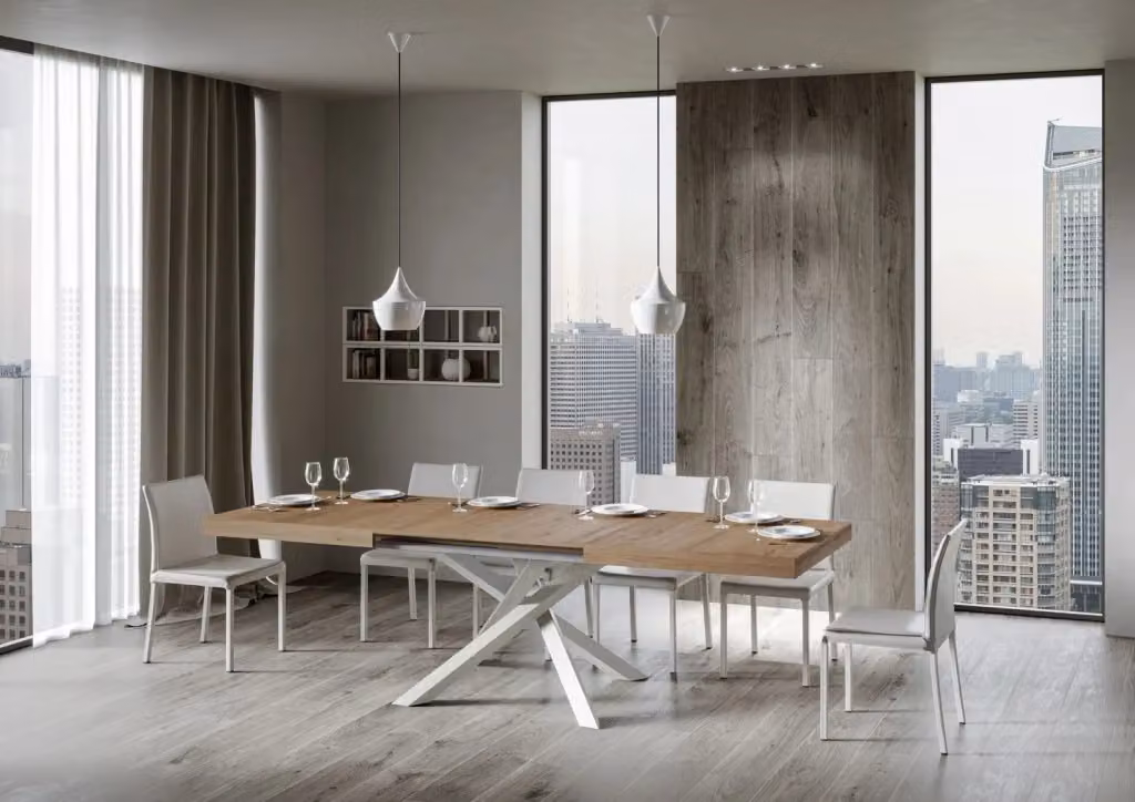 Tavolo allungabile moderno Bs Com in finitura quercia natura e telaio bianco L/P: 90 x 200/460 cm – 2