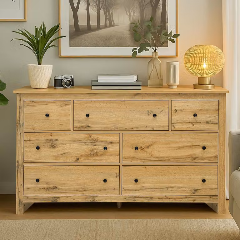 Comodino con 7 cassetti, dimensioni 152x40x89 cm, colore legno