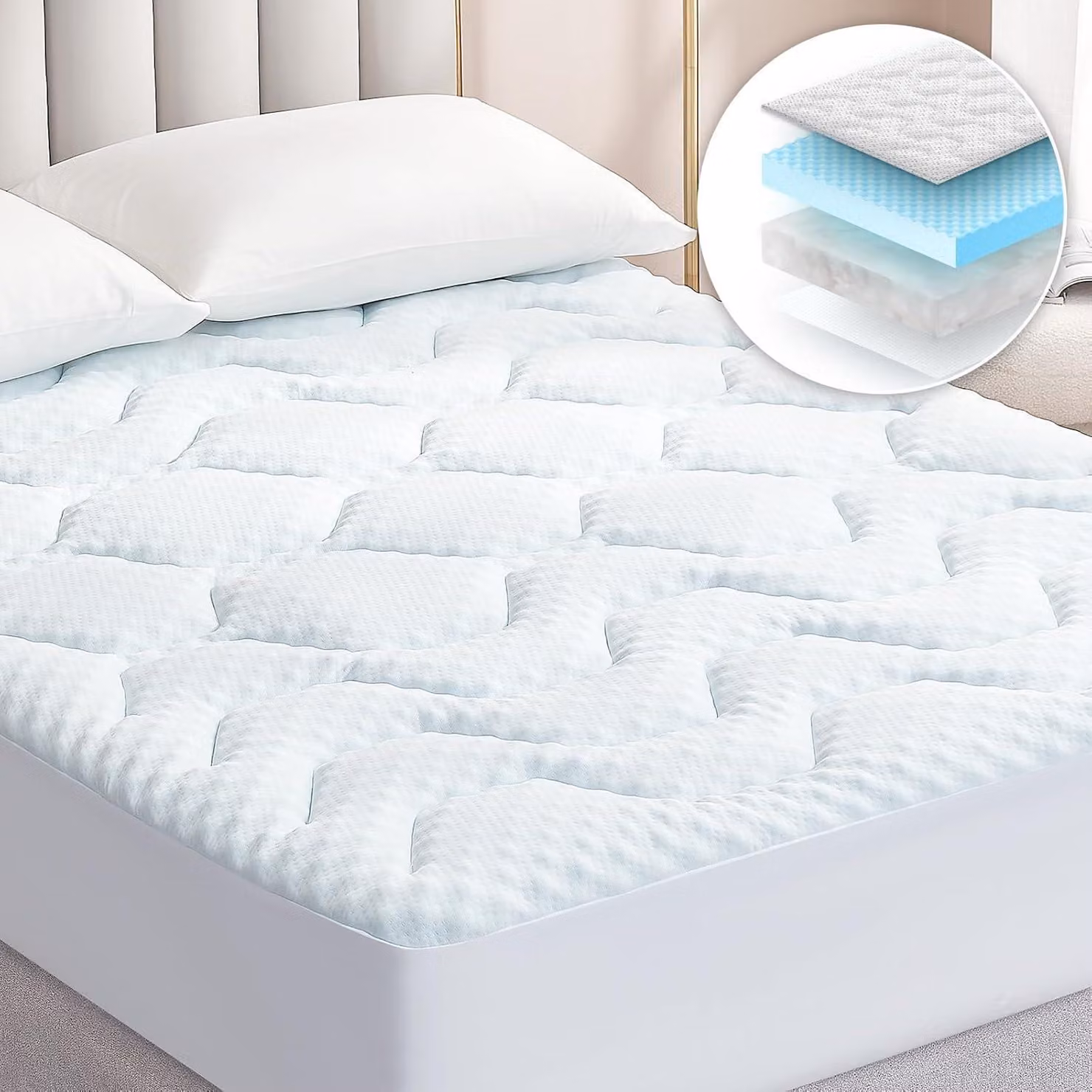 Sottostrato per materasso in memory foam con gel refrigerante, 90x190 cm, bianco, con elastico spesso di 38 cm