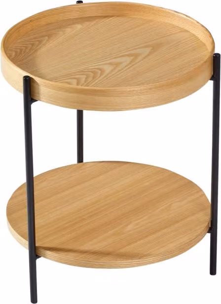 Tavolino rotondo con doppio ripiano in legno massello e metallo, disponibile in frassino naturale, noce e nero