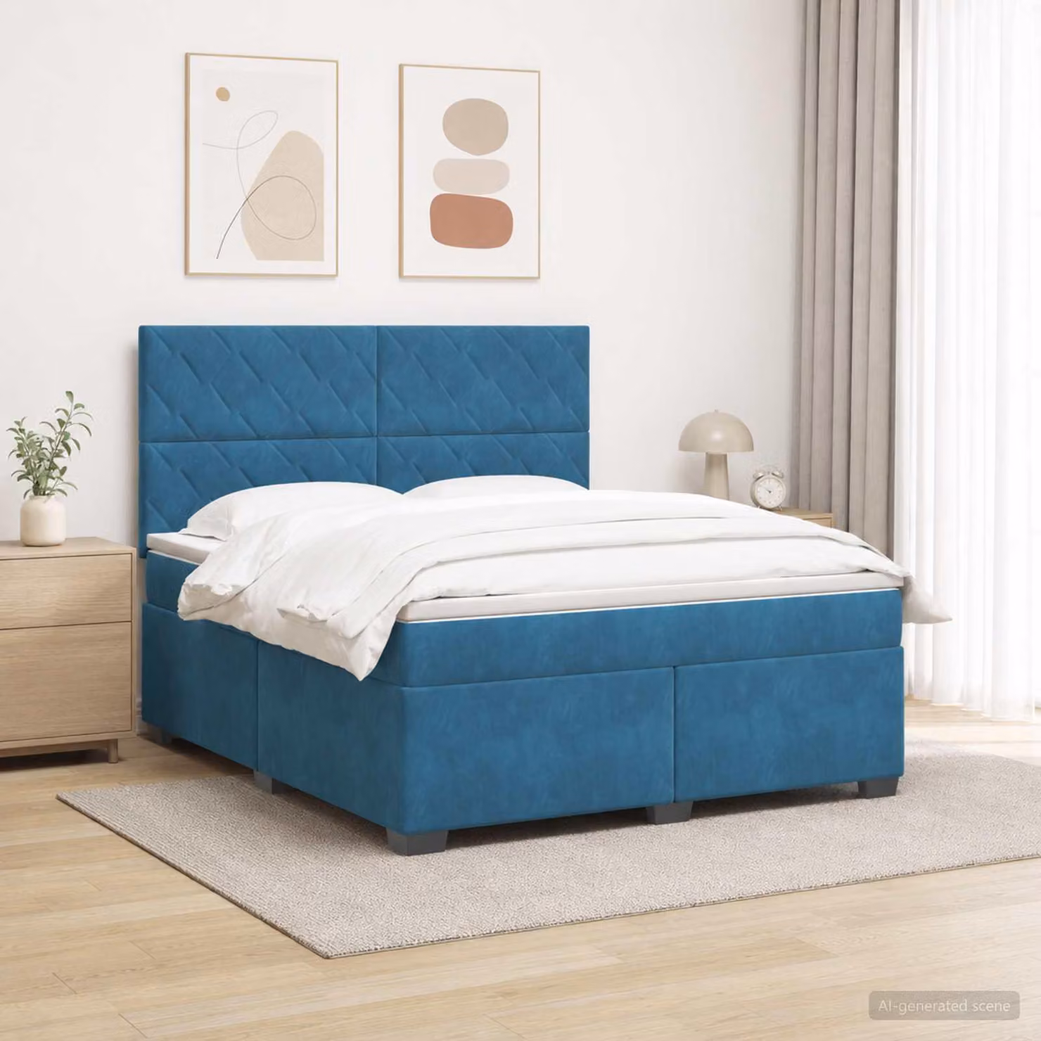 Letto matrimoniale con boxspring e materasso, imbottitura in velluto, con testiera blu, dimensioni 180 x 200 cm