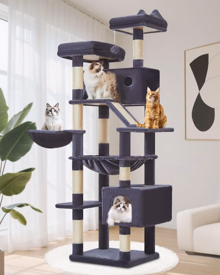 Albero per gatti, altezza 180 cm, 8 pali per graffiare, 2 piattaforme, 2 tane, amaca, cestino, per gatti