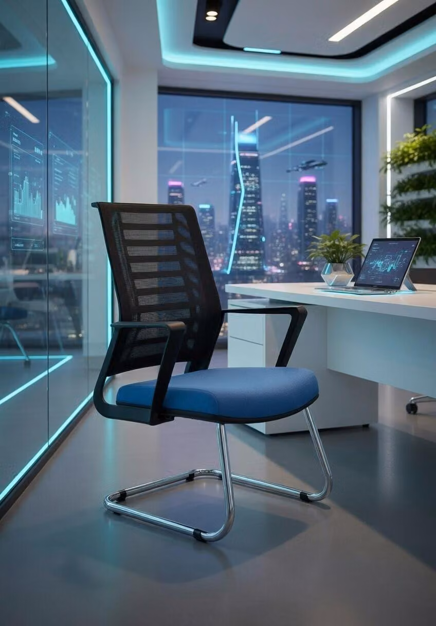 Comoda sedia da ufficio blu con struttura in metallo e schienale ergonomico