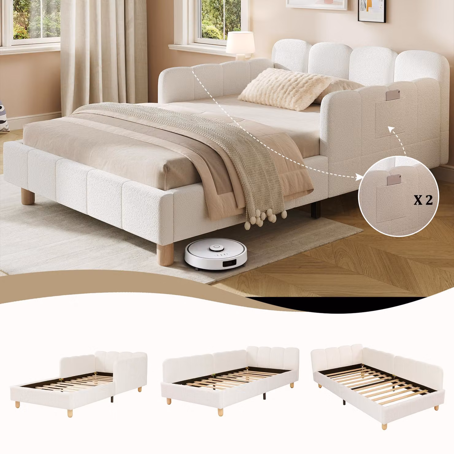 Letto imbottito 90x200 cm con rete a listelli, testiera imbottita, protezioni laterali e rivestimento in tessuto bouclé. Gambe in legno di gomma, colore beige