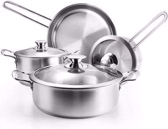 Set di pentole e padelle in acciaio inossidabile - insieme di accessori da cucina - 7 pezzi - con coperchi in vetro
