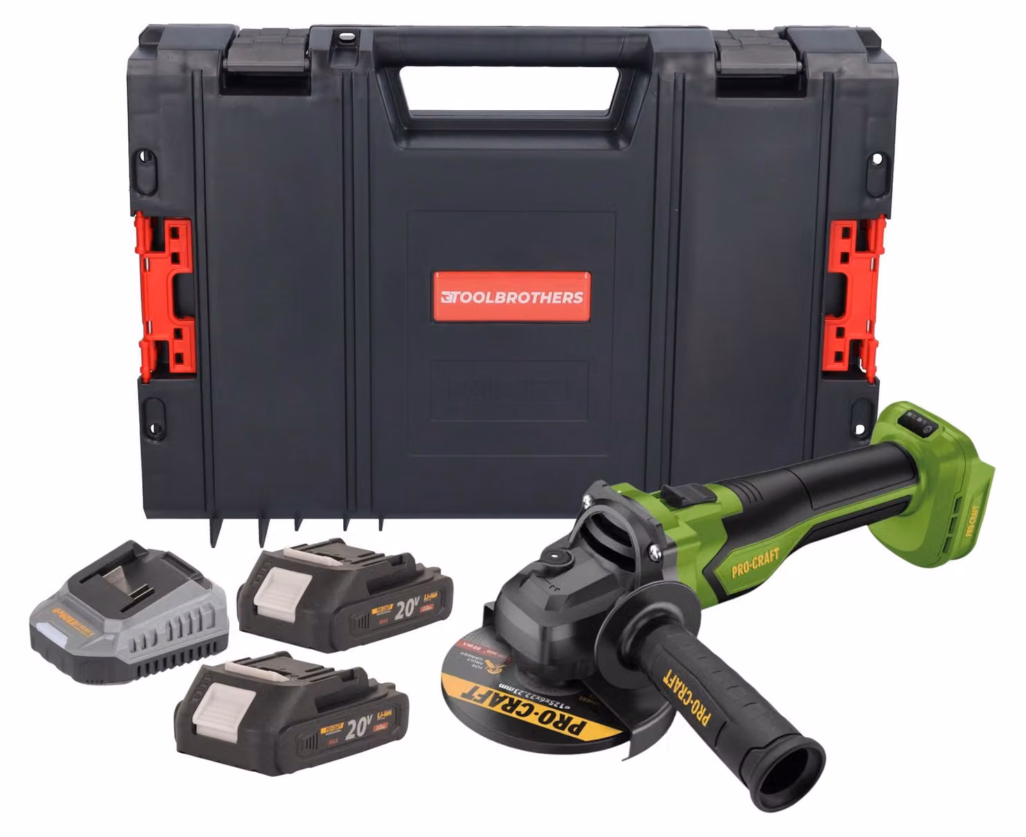 Smerigliatrice angolare a batteria Procraft PGA22-BB 20 V 125 mm Brushless + 2x batteria 2,0 Ah + caricabatteria + valigetta porta attrezzi RHINO