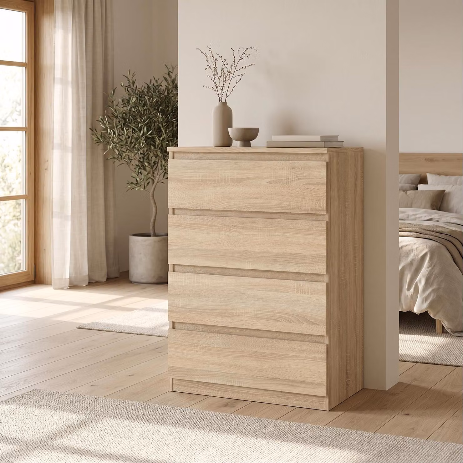Comodà Masseno NUDO da 70 cm con 4 cassetti e ante, per soggiorno e camera da letto, stile moderno, 70x39x102 cm, rovere Sonoma / rovere Sonoma