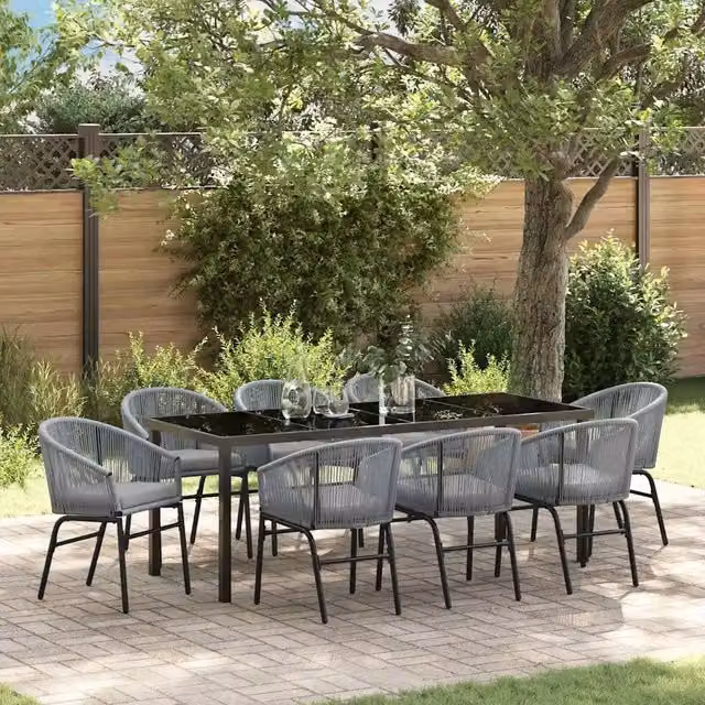 Set da pranzo per giardino vidaXL in metallo e rattan con piano in vetro, 9 pezzi, colore antracite