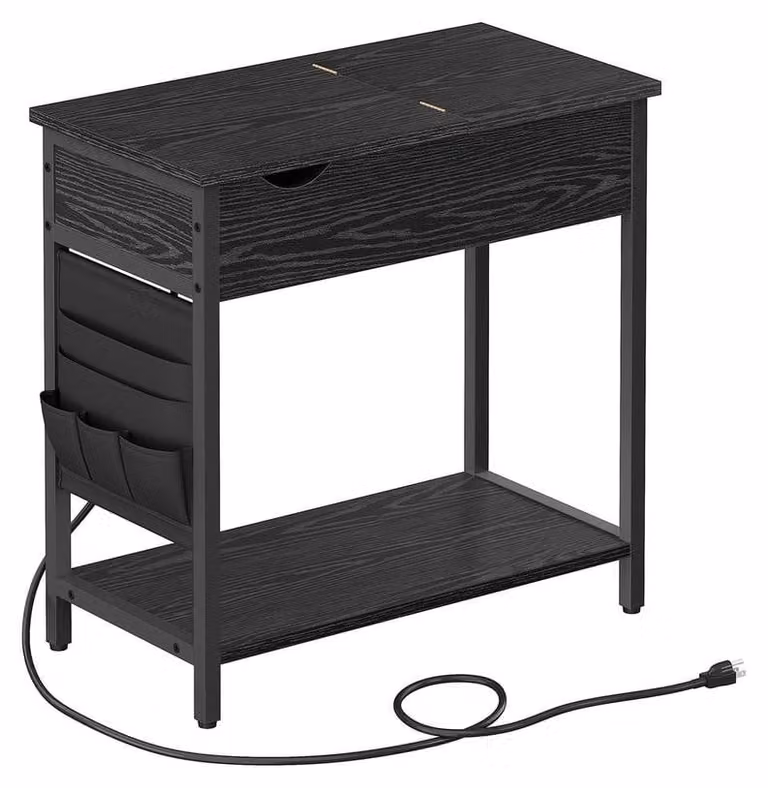 Tavolino laterale, comodino con prese di corrente e porte USB | Nero | 31,5 x 60 x 60 cm
