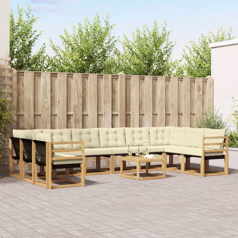 Set di divani da esterno vidaXL a forma di U composto da 11 pezzi in legno di acacia e textilene, colore bianco e beige