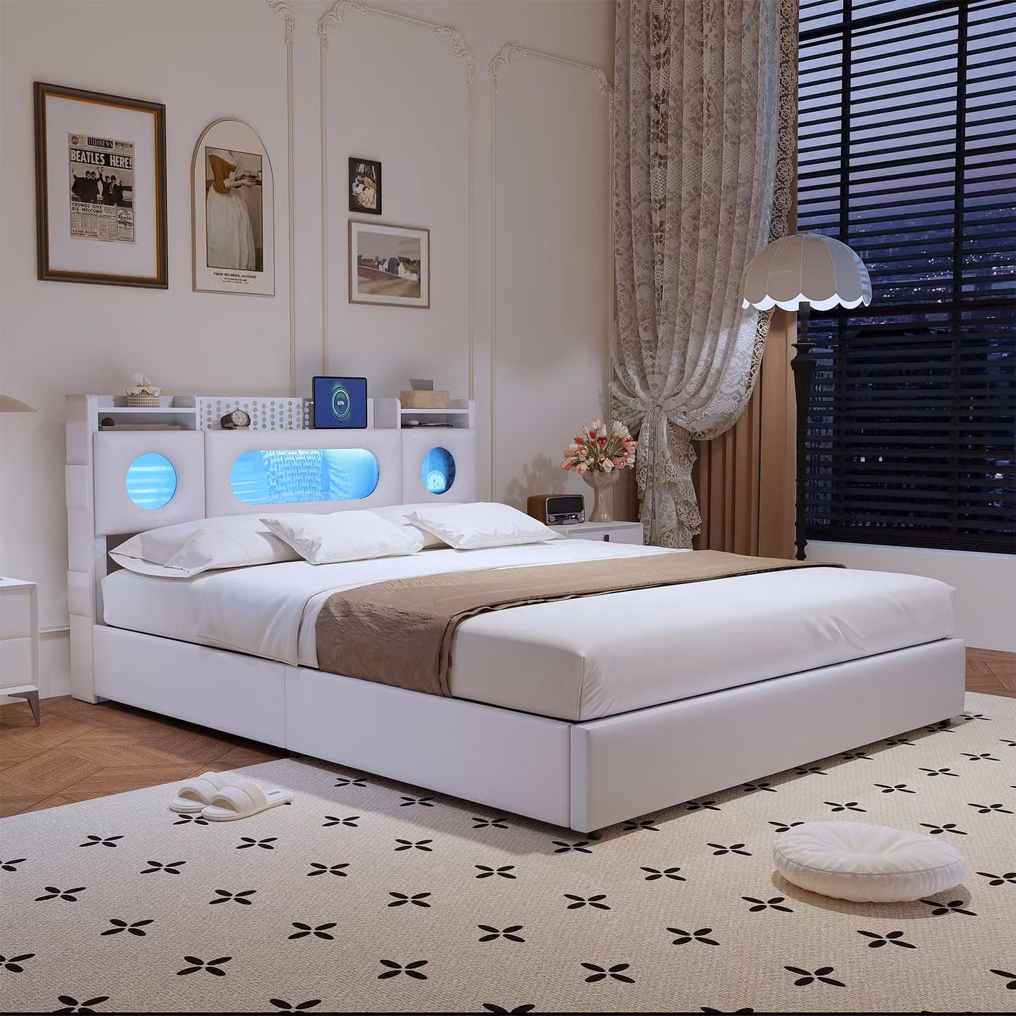UnboxG Letto imbottito 160×200 con prese di corrente e illuminazione a LED, letto matrimoniale con testata e contenitore idraulico, struttura letto con rete a doghe, letto per ragazzi 140×200, PU, bianco