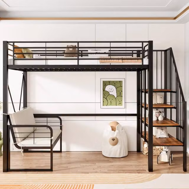 Letto a castello 90x200 cm con struttura in metallo; divano sfoderabile e scala contenitore; nero