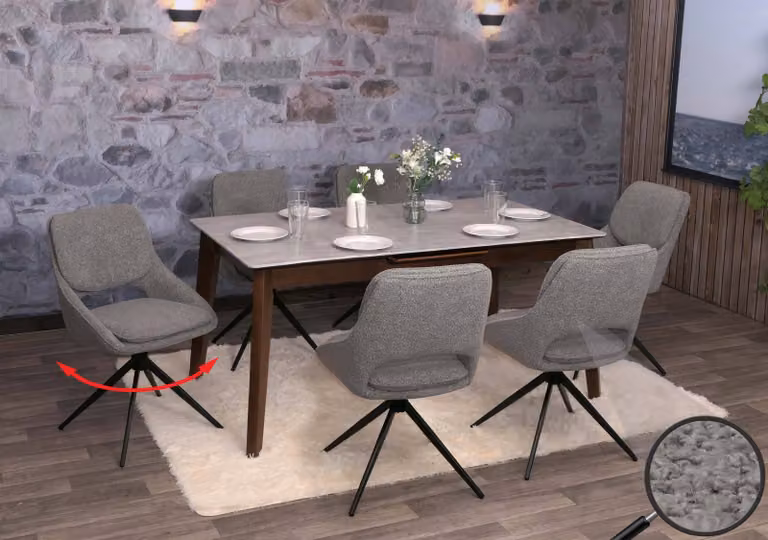 Set di 6 sedie da pranzo modello HWC-N73, sedia da cucina, girevole con sistema di ritorno automatico, rivestita in tessuto boucle (540g/m²), colore grigio