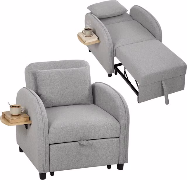 Poltrona Letto Singolo 3 in 1 in Tessuto Lino con Schienale Regolabile e Tavolino Laterale Grigio per Casa Salvaspazio
