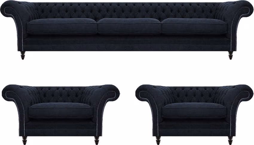 Blau Sofagarnitur 3tlg 2x Sessel Sofa Dreisitze Couch Einrichtung Chesterfield