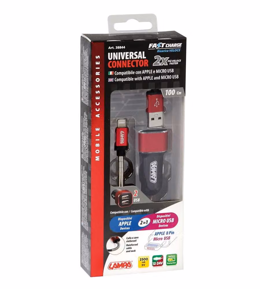 Kit 2 in 1 caricabatteria auto + cavo 1 m