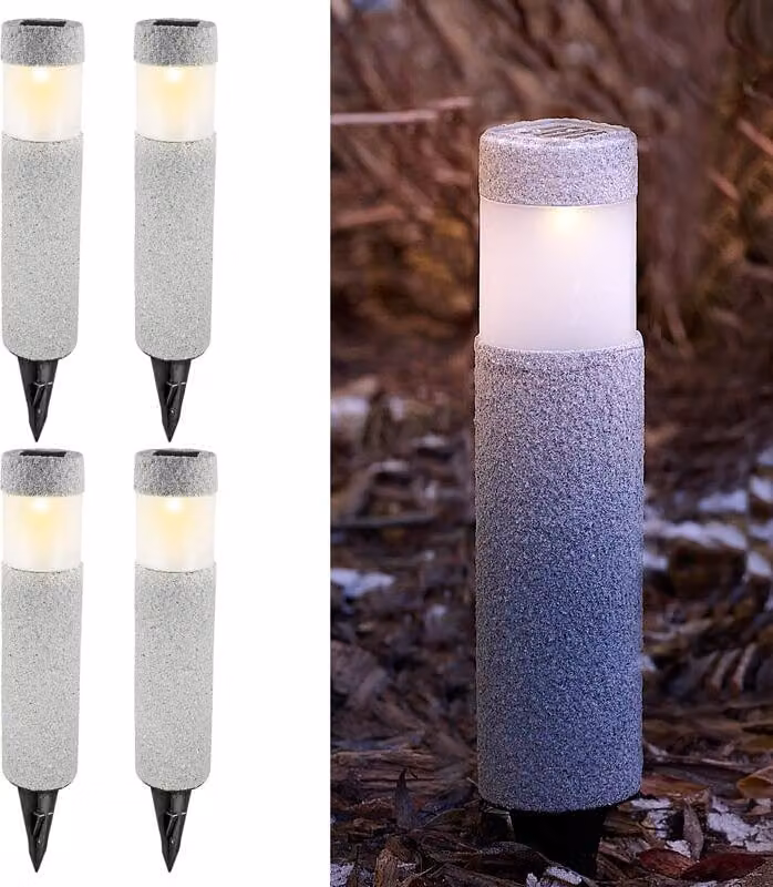 Set di 4 luci solari onyX con superficie in pietra naturale, luci da sentiero a LED con picchetto, per giardino, balcone, terrazza, resistenti alle intemperie, grigio, Eaxus