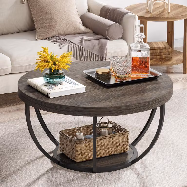 Tavolino rotondo in stile industriale, con due ripiani, in legno e metallo, color grigio, dimensioni 80x80x45 cm