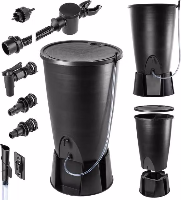 Serbatoio per acqua piovana KADAX 260L, kit di collegamento per barile d'acqua, base per rubinetto