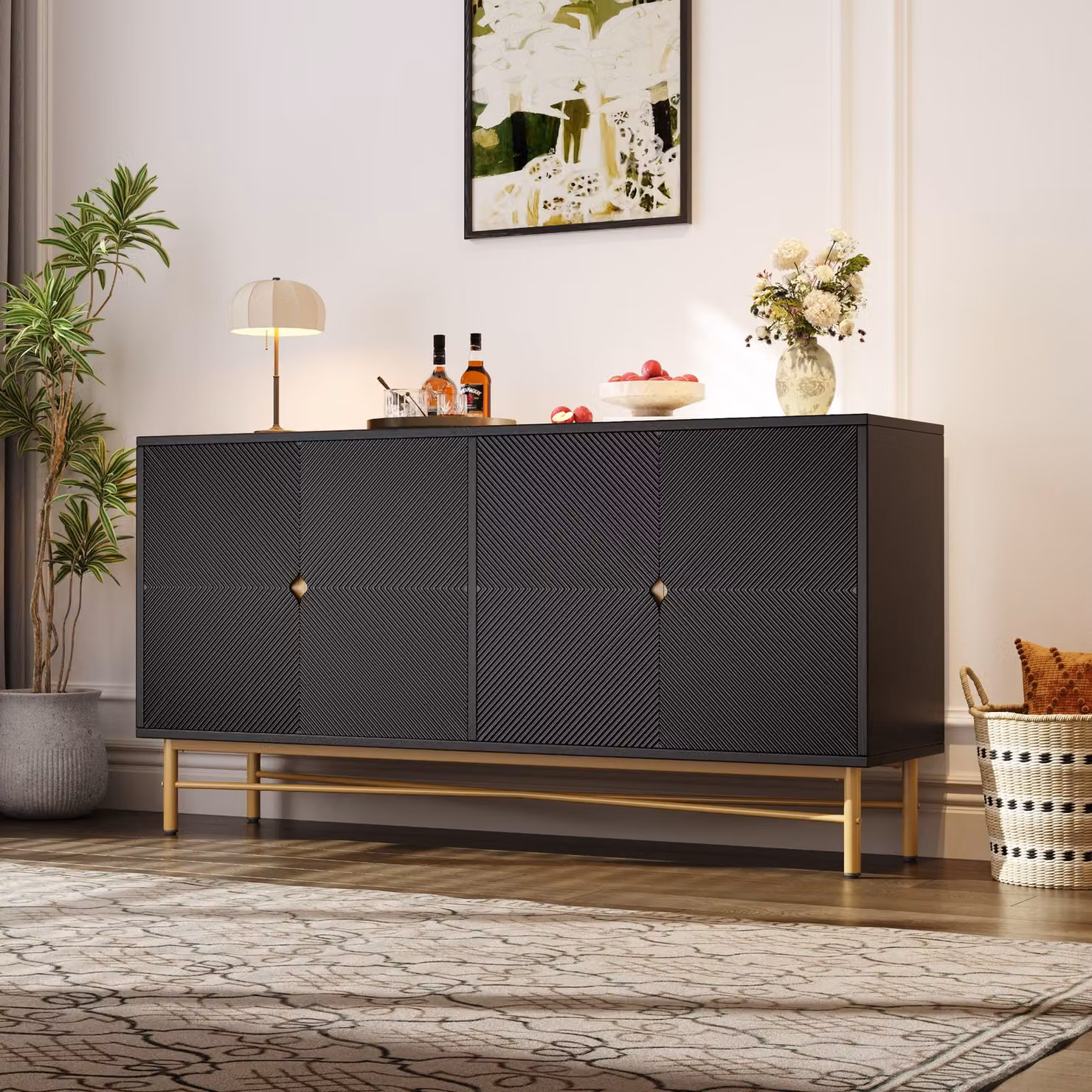 Sideboard moderno Aosom Italy con 4 ante, finitura nera lucida e dettagli oro, in MDF – 2
