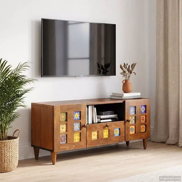Mobile TV moderno vidaXL in legno di mango massello color noce L/P/H: 105 x 33 x 46 cm