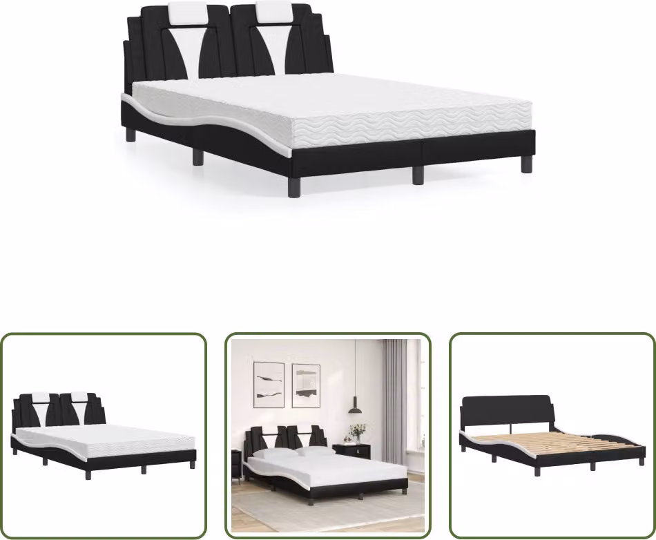 The Living Store Letto con materasso bianco e nero 140x200 cm in ecopelle