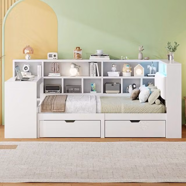Letto REDOM moderno in legno bianco con illuminazione sottostante e scomparti laterali L/P/H: 260 x 120 x 90 cm (90x200 cm)
