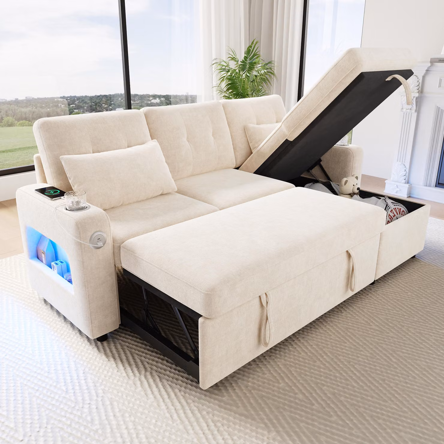Merax Divano angolare Divano letto con funzione letto, divano a L con contenitore, chaise longue singola, portabevande, illuminazione USB/LED, divano letto, beige