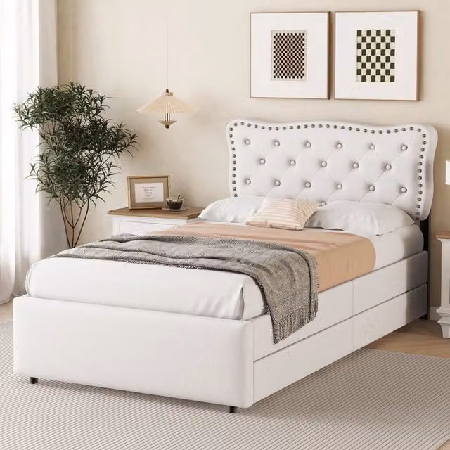Letto imbottito REDOM con 2 cassetti in tessuto beige e bianco, L/P/H: 90 x 200 x 111,5 cm