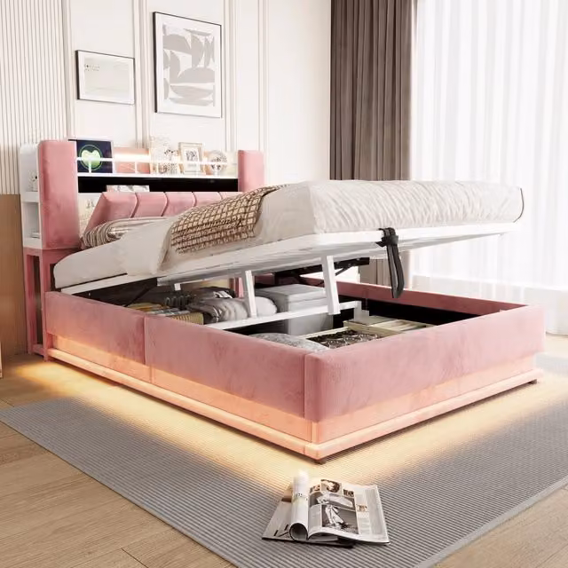 Letto imbottito rosa 140x200 cm con contenitore idraulico; illuminazione LED; porte USB e rete metallica