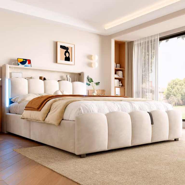 Letto imbottito STILVORA 140x200 con contenitore e testiera con vano portaoggetti, struttura letto con vano portaoggetti e illuminazione a LED, letto per ragazzi con porte USB e Type-C, velluto, beige (con materasso)